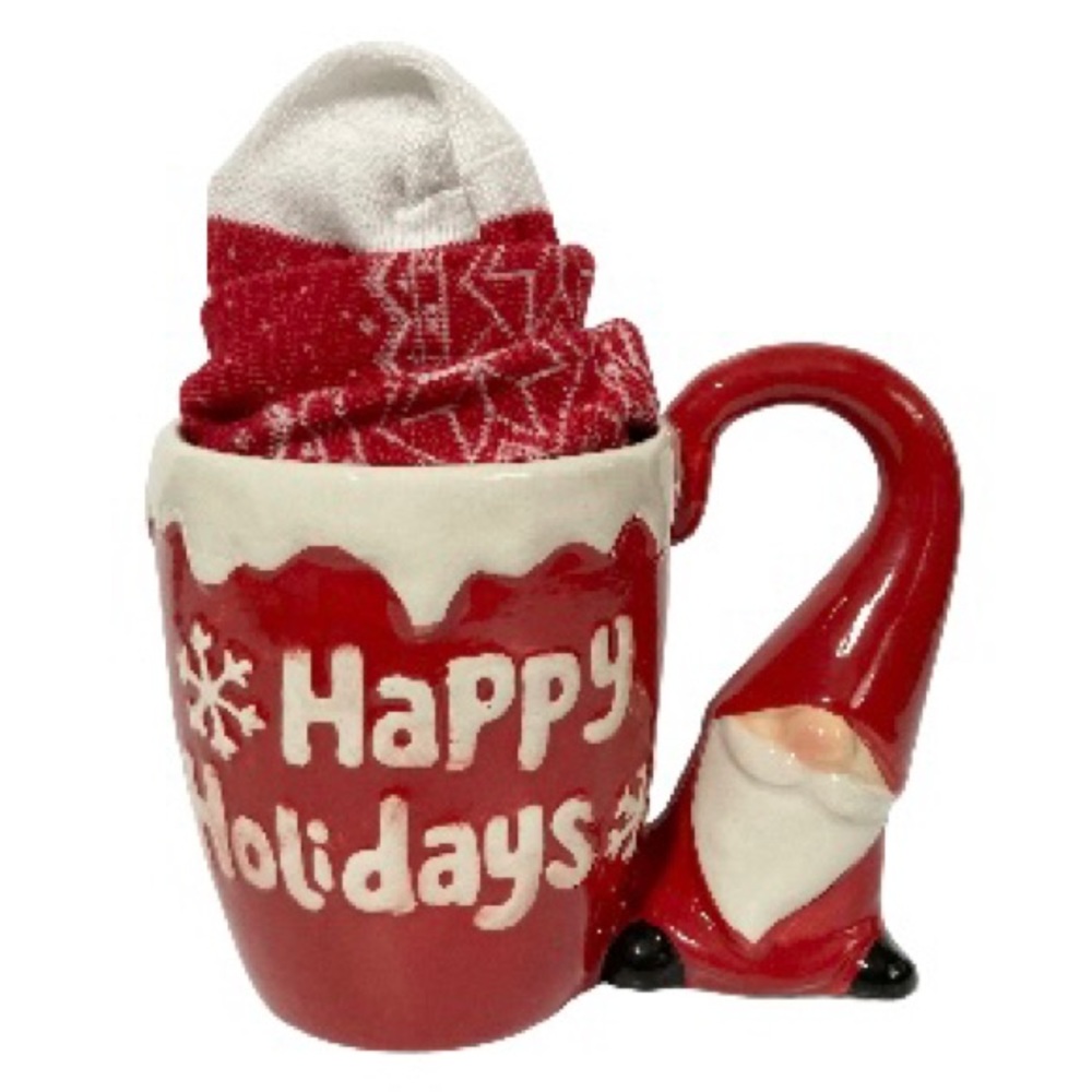 GNOME Christmas Holiday Oversized Mug 16 oz Red White Snowflakes Socks GIFT SET